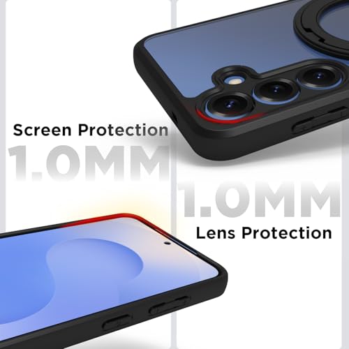 Image of RIGGEAR Shockproof Sleek Hybrid Armor 360 Rotating Magnetic Ring Stand Back Cover Case Compatible with MagSafe Accessories for Samsung Galaxy S25 (Clear PC + Black TPU Bumper)