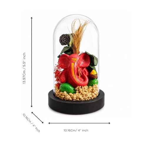 Image of eCraftIndia Lord Ganesha Statue in Glass Dome with Decorative Floral Arrangement, Spiritual Showpiece for Home Decor, Living Room, Office Desk, Temple Decoration & Gift Item