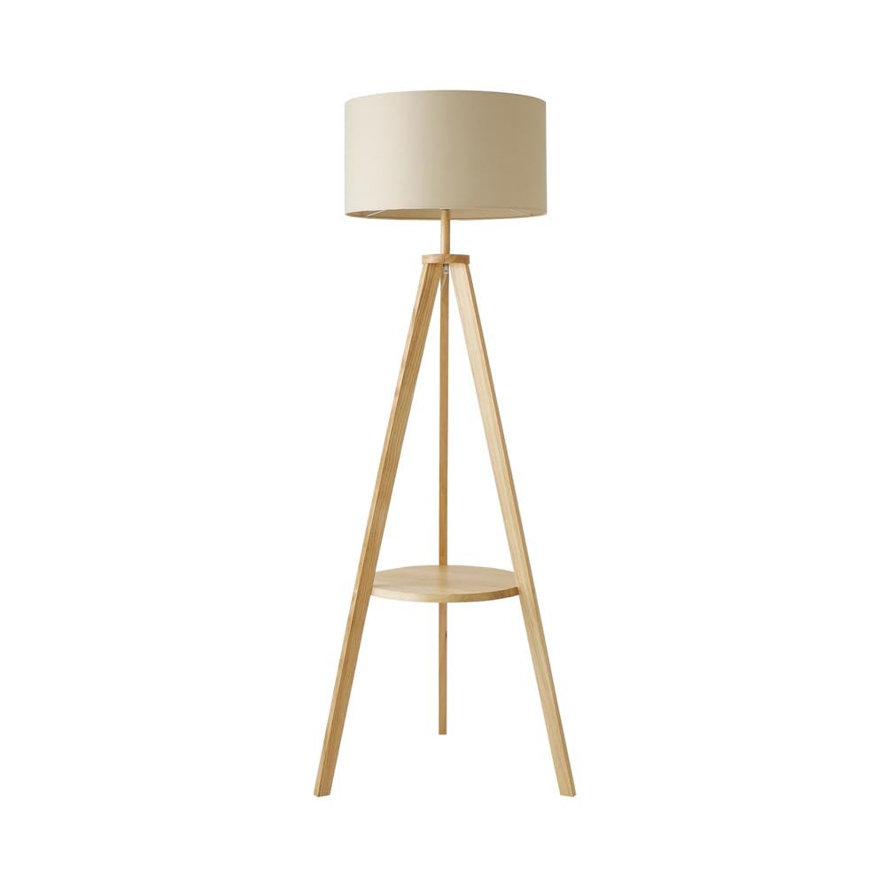 ValueLights Morrigan Natural Wood Tripod Floor Lamp with Fabric Drum Lamp Shade