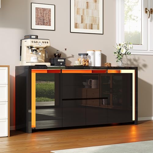 CXHLXYR Buffet Noir Brillant,Buffet Noir Laqué 4 Portes 2 Tiroirs avec LED,Buffets Bas Meubles de Rangement Commode Basse avec Tiroir pour Cuisine Couloir Salon...
