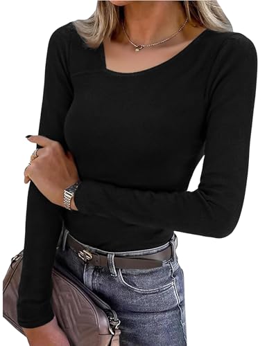 Leversic Camiseta de Mujer de Manga Larga Básica Lisa Elástica Ajustada Estilo Y2K Ideal para Salir Tipo Túnica(Negro,S)