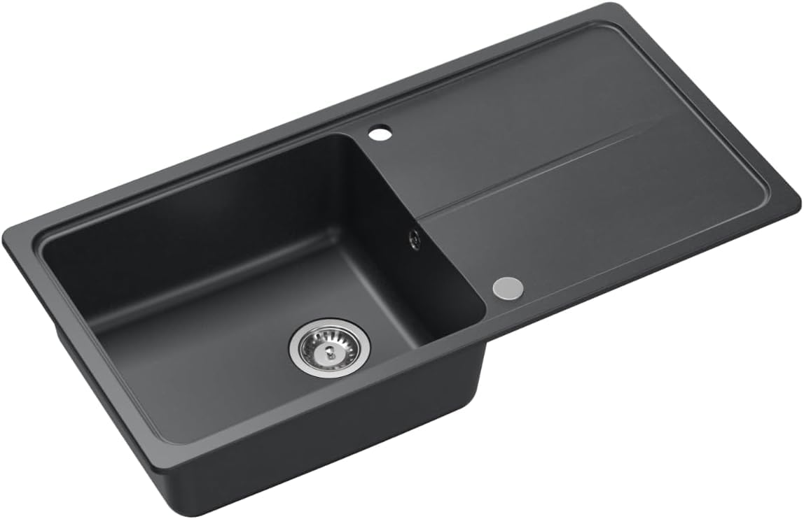 QUADRON NEAL 146 Lavello in granito per cucina, dimensioni: 100 x 50 x 21,5 cm, nero, lavello da cucina a vasca singola Set: lavello in granito + sifone manuale + tappo di copertura
