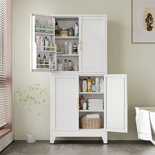 Image of White Pantry Storage Cabinet, 75 inch Kitchen Pantry with Doors and 3 Adjustable Shelves, Metal Freestanding Buffet Cupboards Sideboard, for Office, Home, Garage, School