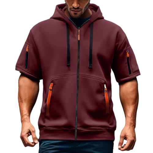 Short Sleeve Hoodies for Men with Hood Drawstrings Zip Up Chest Sleeve Pockets Summer Hoodies for Men