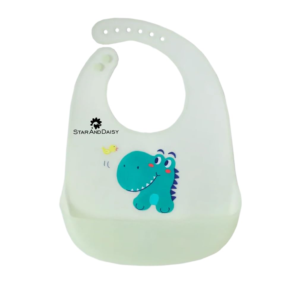 StarAndDaisy Reusable Silicone Baby Bib with Adjustable Buttons for Mess-Free Feeding, Weaning, and Easy Cleaning and Waterproof. (Printed-Light Green)-picture-17
