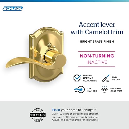 Image of SCHLAGE Accent Lever with Camelot Trim Non-Turning Lock in Bright Brass - Left Handed