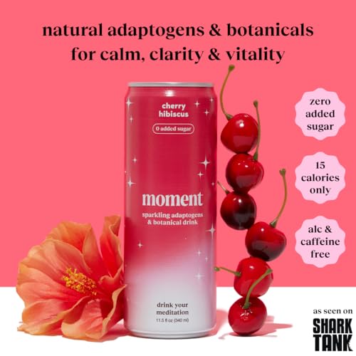 Moment Mocktails Non Alcoholic Drinks (Shark Tank) | SPARKLING Cherry Hibiscus Adaptogen Drink | L-Theanine & Ashwagandha for Calm & Clarity | 0 Added Sugar 0 Caffeine | 12-pack