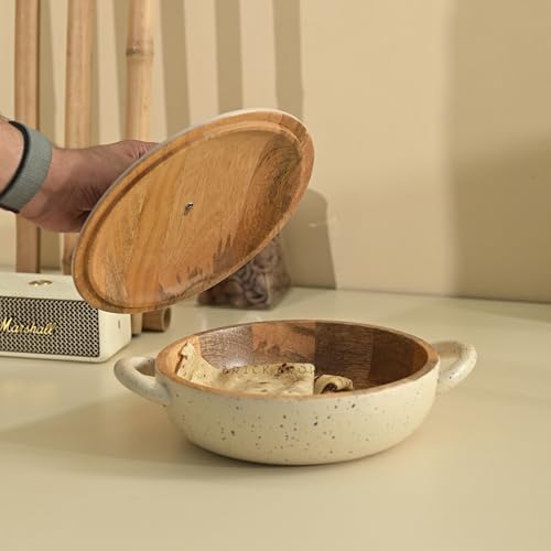 Image of Brick Brown Pebble Wooden Roti Box with Handle | Chapati Box for Kitchen | Roti Casserole Hot Pot with Lid | Case Roti Dabba Server for Dining Table | Handmade Roti Container (11.5x9x4.4 in)