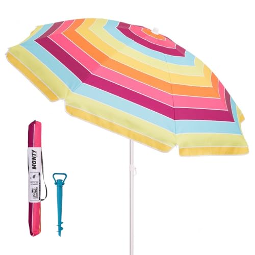LOLAhome Pack de sombrilla Playa de 8 Varillas y Soporte de Arena con protección Solar UPF+50, de Revestimiento Plateado, sombrilla anticorrosión de Aluminio y loneta de Rayas Multicolor de Ø 180 cm