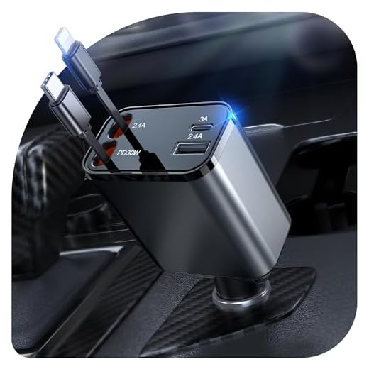 69W Retractable Car Charger, 4-in-1 Fast Car Phone Charger with 2.6ft Two Retractable Cables and USB C+USB A Car Charging Block Cube, Compatible with iPhone 16 15 14 13 12 Pro Max Plus,Galaxy,Pixel