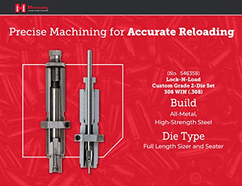 Hornady Custom Grade New Dimension 2-Die Set, 308 Win (.308) (546358) - Caliber Specific Reloading Equipment For Handloaders With Full Length Sizer Die, Seating Die, Sure-Loc Rings, & Storage Box #TOP3