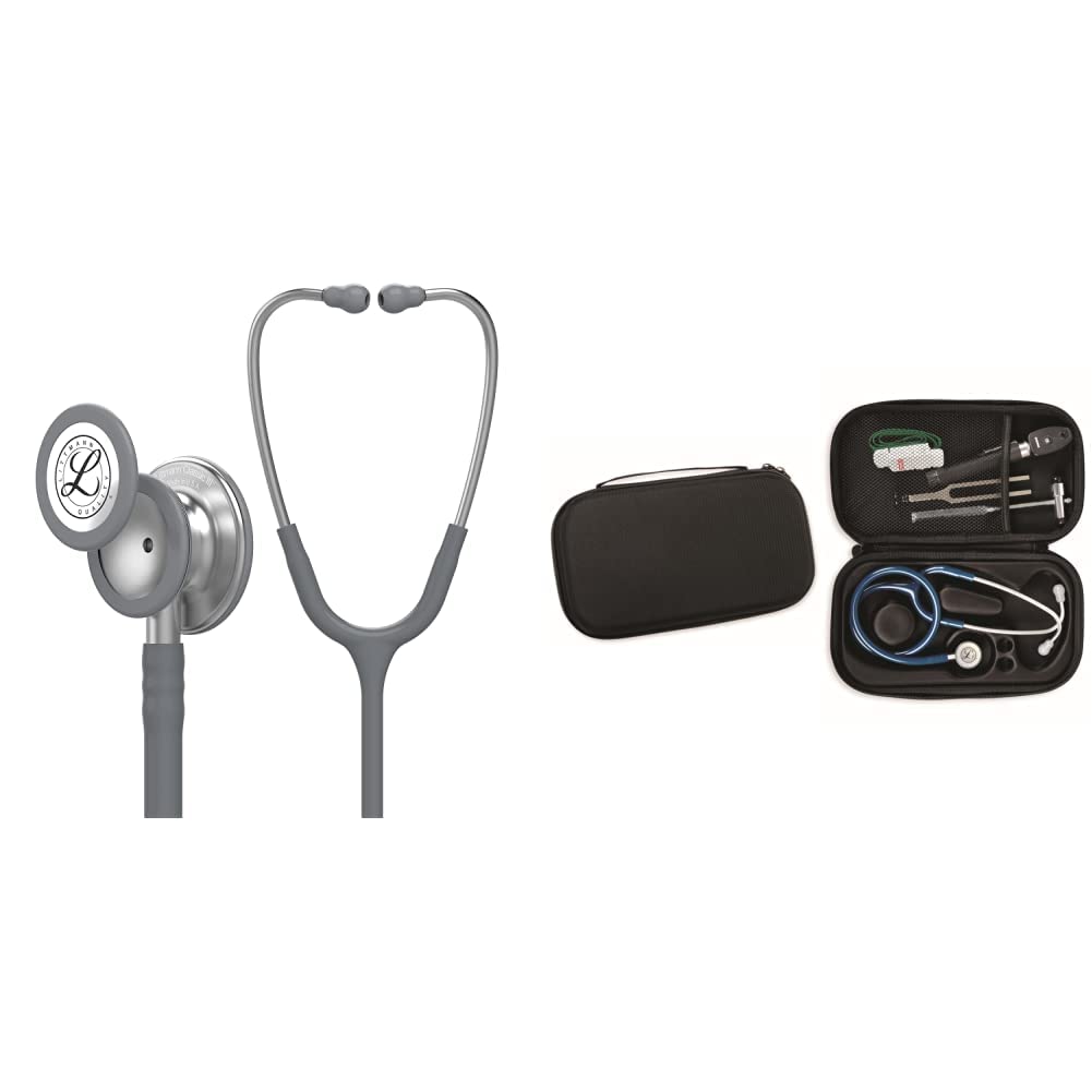 3M Littmann Classic III, Stetoscopio per il monitoraggio, tubo auricolare grigio, 69 cm, 5621 + GIMA ASTUCCIO PORTA FONENDO, Nero, Uso Professionale