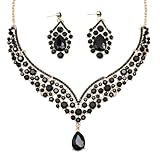 Qlavoca Beaded Necklace and Earring Set with Rhinestone Chains, Clear Stones, Fashion Jewelry Accessories for Women (Black)
