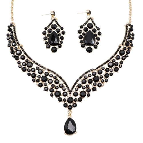 Qlavoca Beaded Necklace and Earring Set with Rhinestone Chains, Clear Stones, Fashion Jewelry Accessories for Women (Black)