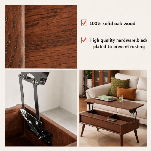 Image of Solid Oak Wood Lift Top Coffee Table for Living Room, Fully-Assembled