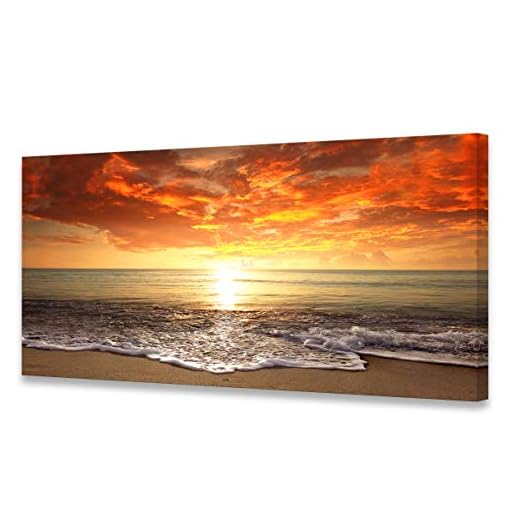 Baisuart S0162 Canvas Prints Wall Art Sunset Ocean Beach Pictures Photo Paintings for Living Room Bedroom Home Decorations Stretched and Framed Seascape Waves Landscape Giclee Artwork 30x60inch