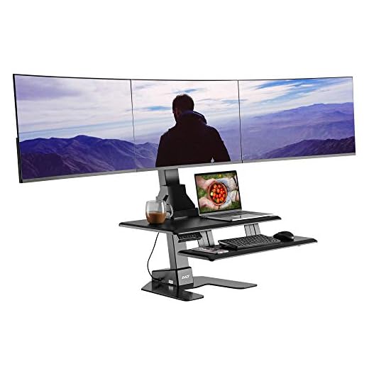 AVLT Triple 32" Monitor Electric Standing Desk Extra Large 28"x 24" Spacious Worksurface Motorized Automatic Height Adjustable Sit to Stand Table Sturdy Small Footprint Huge Keyboard Tray