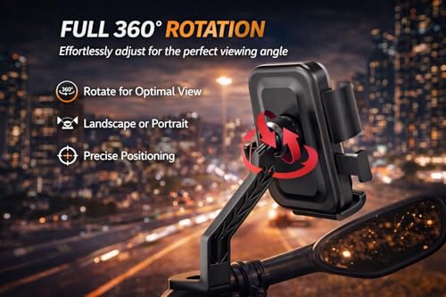 Image of MotoPro K2 Motorcycle Phone Holder for Mirror Rod | One-Touch Lock | Anti-Vibration Mount | 360 Adjustable Mobile Stand for Bikes & Scooters
