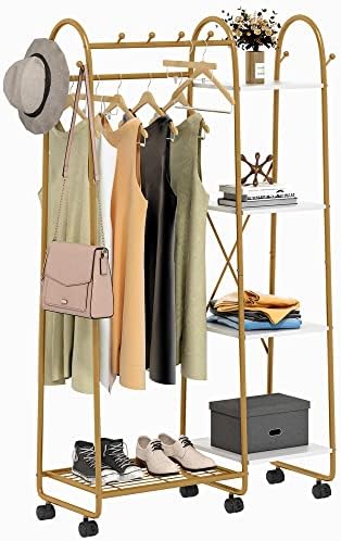Jehiatek Coat Rack Freestanding, Coat Stand With Portable Wheels, White And Gold Metal Frame Heavy Duty Drying Clothes Hanger Stand With 4 Tiers Side Open Shelves For Bedroom Entryway Hallway