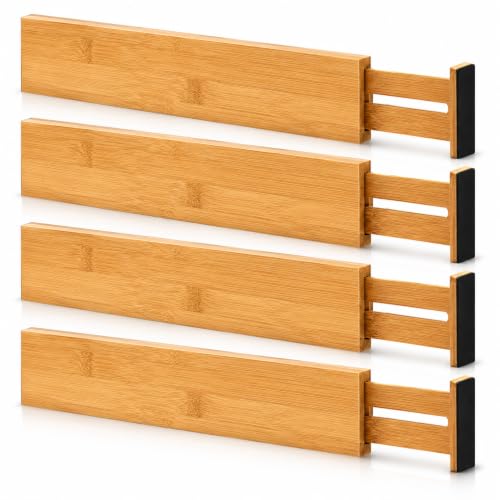 Image of Zollyss Drawer Divider, Bamboo Expandable Drawer Organizers Set of 4, Adjustable Drawer Separators for Kitchen, Dresser, Bedroom & Office, Fits 17-22 Inch Drawers, Natural