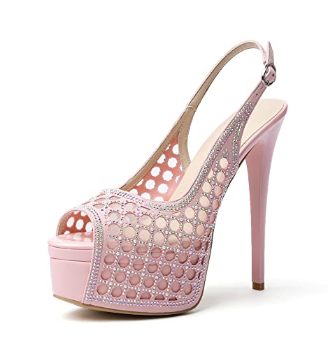 SAMMITOP Women's High Heels Platform Sandals Rhinestones Peep Toe Pumps Lace Flower Slingback Hollow Sexy Dress Stilettos Shoes for Wedding Party