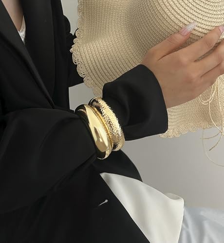 Image of Chunky Gold Bangle Bracelets for Women, Dainty 14k Gold Plated Big Stackable Bangles Set, Trendy Statement Cuff Bracelet Stack Fashion Jewelry Gifts