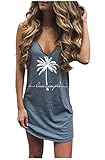 Live Simple Coconut Tree Graphic Mini Dress for Women Sexy Summer Mini Dresses Hawaii Beach V Neck Sleeveless Sundress (Dusty Blue,L)