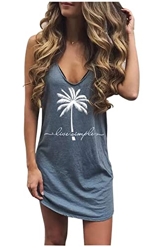 Image of Live Simple Coconut Tree Sleeveless Mini Dress Summer Beach Mini Dress Women's Summer Casual Sexy V Neck Mini Tank Dress