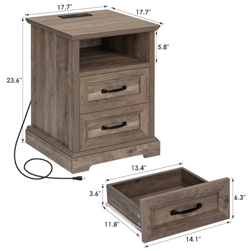 HOMMPA Farmhouse Nightstand w/Charging Station, Open Shelf 23.6''H Greige - image 2