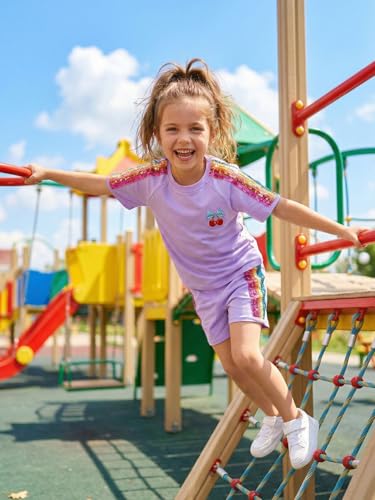 Image of WELAKEN Girls 2 Piece Outfit Kid Toddler Heart & Rainbow Sequin Striped T-shirt and Shorts Clothing Set