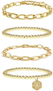 Gold Initial A Bracelets Stackable Bead Bracelet Set Layered 14k Gold Plated Stretch Letter Initial Bracelets Gold Chain Bangles Paperclip Link Charms Bracelet