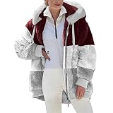 EMATOP Winter Plüschjacke Damen Warm Fleecejacke Oversized Hoodie Teddy Fleece Winterjacke Elegant Farbblock Kapuzenjacke Reißverschluss Jacke Outdoor Mantel Flauschig Baumwolljacke Outwear