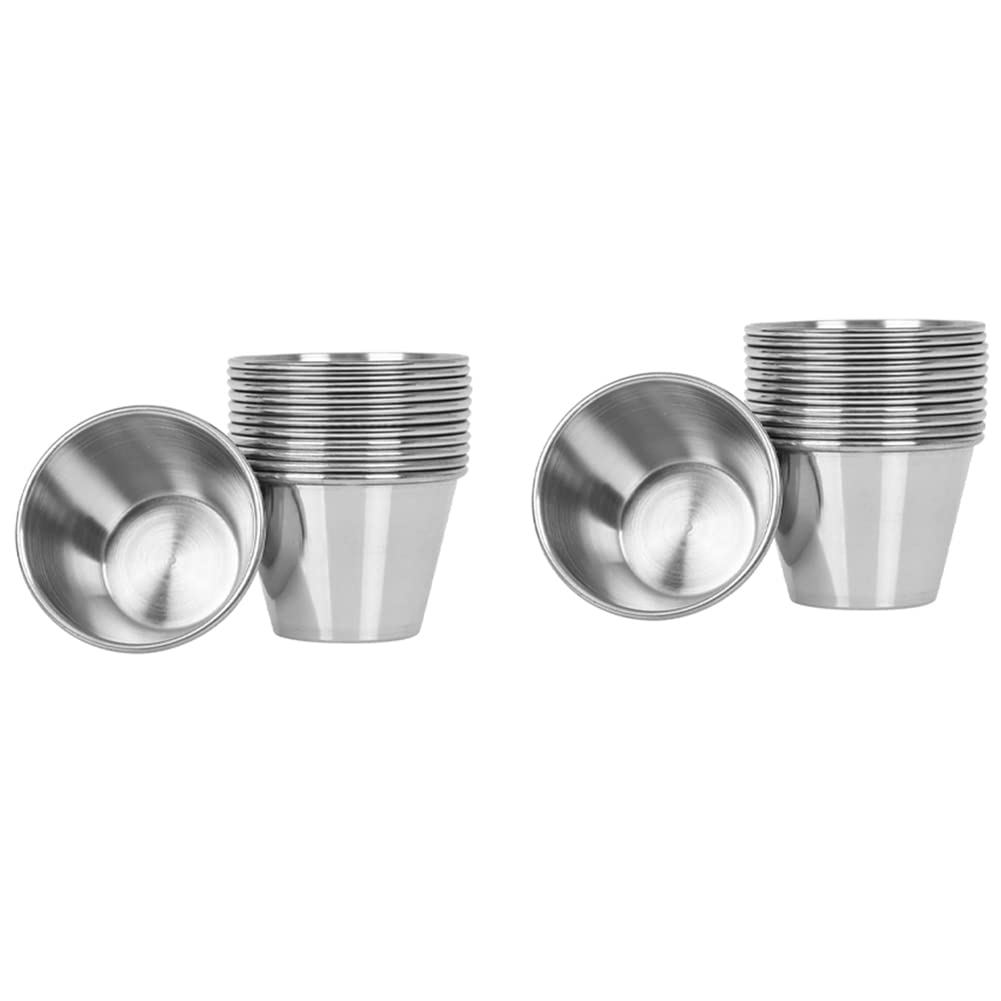 Owaefuqoir Silver Pack Of 24 - Premium Brushed Stainless Steel Condiment Sauce Cups Spices Pots Liquid Dips Bowls - 2.5Oz 70Ml