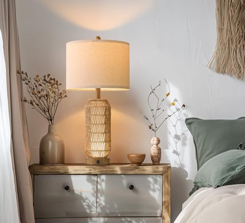 Image of OYEARS 25 inch Table Lamps Set of 2 with Night Light,Bedside Lamps for Bedroom,Boho Lamps with USB C+A Charging Ports,Farmhouse Table Lamp with Rattan,Frosted Glass,Linen Shade (Wood Grain,Bulb Included)