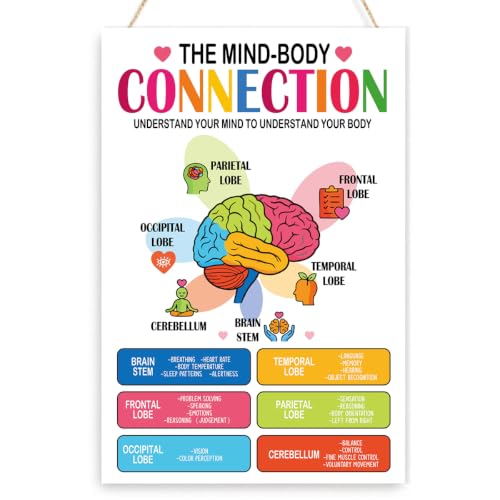 Inspirational Mental Health Wall Art,Mind-Body Connection Motivational Wooden Hanging Sign for Classroom Therapy Counselor Office