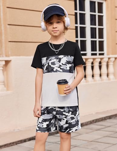 Image of Arshiner Boys' 2-Piece Cotton Outfit Color Block T-Shirt and Shorts Set Summer Camo Clothes for Kids 5-14 Years