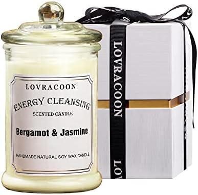Lovracoon Hand Poured Jar Candle for House Energy Cleansing, Aromatherapy Natural Soy Wax Scented Candle with Gift Box（Bergamot & Jasmine, Medium）
