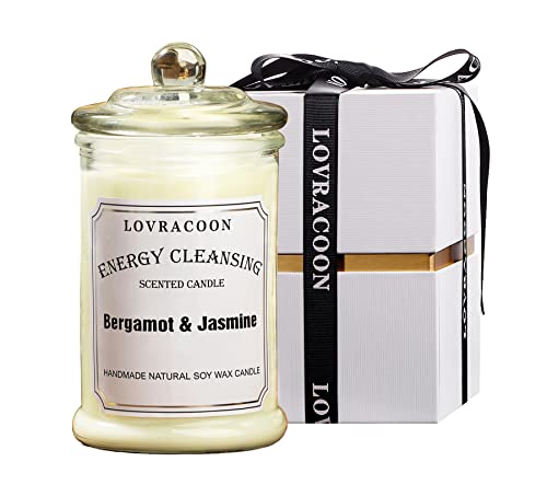 Lovracoon Hand Poured Jar Candle For House Energy Cleansing, Aromatherapy Natural Soy Wax Scented Candle With Gift Box（Bergamot & Jasmine, Medium） #TOP3