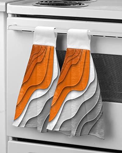 Lbdomov Ombre Orange Grey Kitchen Hand Towel, Soft Hanging Dish Towels With Loop For Bathroom, Absorbent Drying Cleaning Cloth Dishclothes Decorative Sets, Abstract Geometry White Modern Colored 2-Pc #TOP4