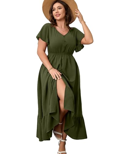 Image of RWJ Women Plus Size Maxi Dress V Neck Short Sleeve Button Trim Split Flowy Tiered Casual Long Dresses 2025 L-3XL