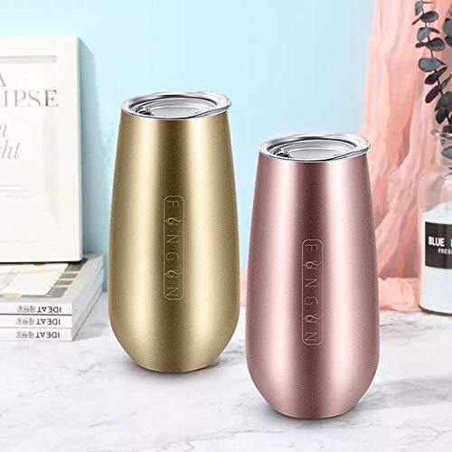 Fungun 6 Pack Stemless Champagne Flutes Wine Tumbler, 6 OZ Double-insulated Rose Gold Cocktail Cups Unbreakable Reusable Champagne Toasting Glasses with Lids (Rose Gold)