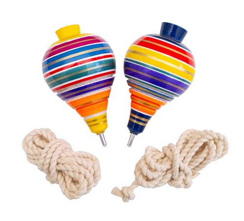 Spinning Top Trompo – 2 -Pack Wood Carved Spinning Tops – Sturdy Steel Point for Enhanced Stability – Ideal for Beginners and Intermediates – trompos de Mexico de Madera