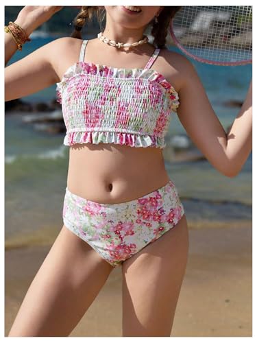 MakeMeChic Girl's Bikini Sets Floral Print Shirred Frill Trim Backless Bathing Suit4