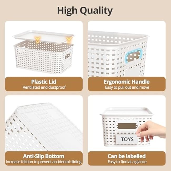 Plastic Storage Basket with Lid, Stackable Small Box Bins for Organizing and Containers for Shelves Drawers Desktop Closet Playroom Pantry Classroom Office Home, 6 Pack 10.2x7.2x4.1 Inch, White