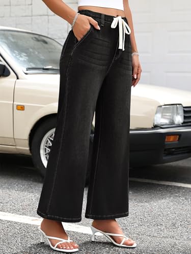 HDLTE Wide Leg Jeans Woman High Waisted Trendy Pull On Elastic Waist Drawstring Stretchy Denim Jean Pants with Pockets，Black，XS — view 3