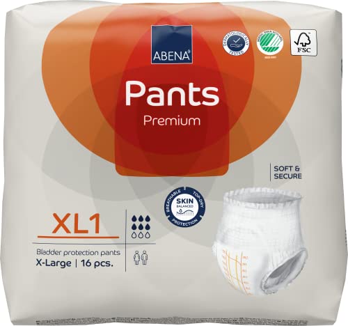 Abena Pants Lot de 16 culottes d'incontinence à enfiler de qualité supérieure pour homme et femme, discrètes, protectrices, respirantes, confortables - XL 1, tour de taille 130-170 cm, absorption 1600