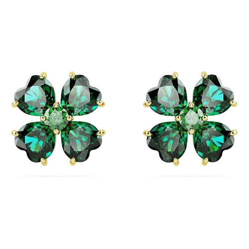 Swarovski Pendientes de botón Idyllia, Trébol, Verdes, Baño tono oro
