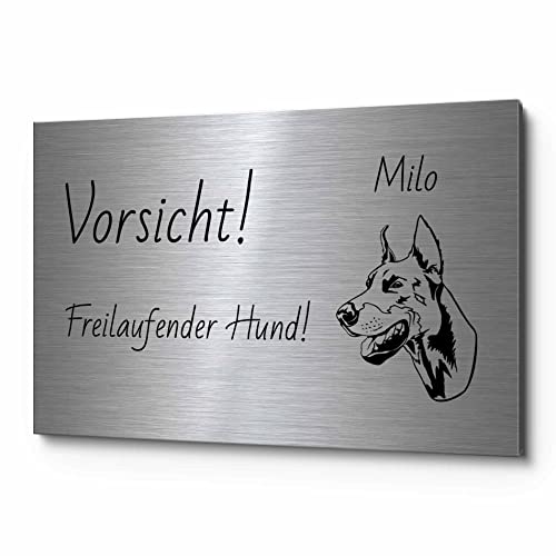 Vorsicht Hund Schild mit eigener Gravur - Warnung vor dem Hund Schilder - Achtung Hund Schild wetterfest - Hundeschilder Warnung Warnschild - Hundeschild personalisiert (Edelstahl)