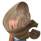 Ugeat Sew in Hair Extensions Real Human Hair Balayage Extensions Light Brown to Blonde Hair Extensions Hand Tied Weft Hair Extensions Human Hair Sew in Ombre Hair 16In 105G