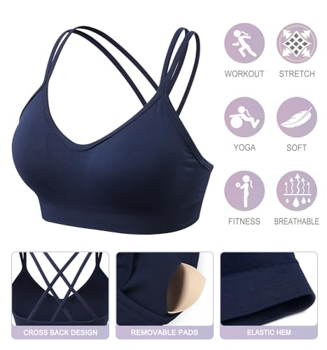 Image of VEQKING Strappy Cross Back Women Sports Bra Pack for Medium Support Workout | Removable Padded Cups, Spaghetti Strap, Comfort Seamless Wirefree, Soft Breathable Fabric, for Gym /Yoga /Pilates /Walking /Daily